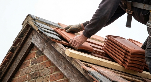 Professional roofer laying new clay roof tiles on a British home